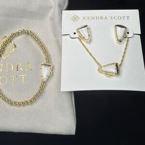 Kendra Scott Cheer Necklace Earrings Stretch Bracelet 3 pc Set Gold‑Plated White